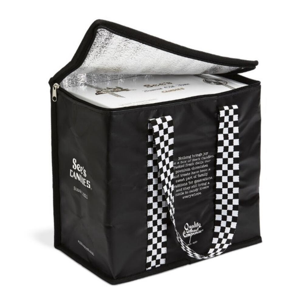 See’s Candy Black Soft Sided Reusable Cooler Zippered Tote Bag/Handle NEW - Picture 5 of 12